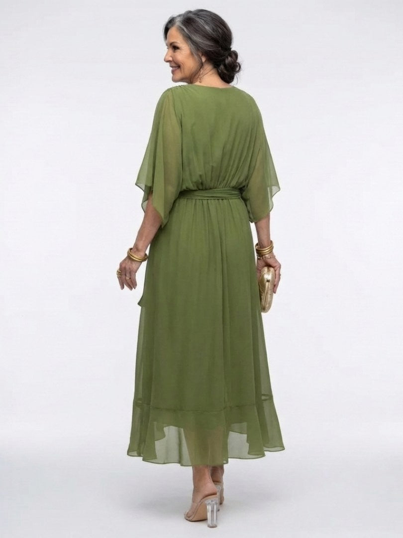 Romilda Women's Draped Waist Tie Midi Dress in Green
