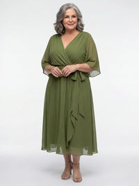 Romilda Women's Draped Waist Tie Midi Dress in Green