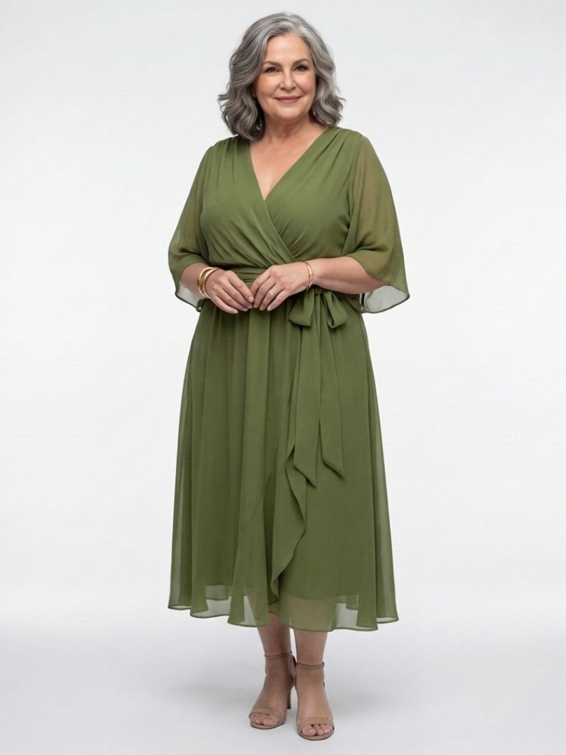 Romilda Women's Draped Waist Tie Midi Dress in Green