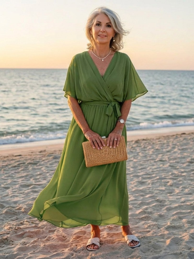 Romilda Women's Draped Waist Tie Midi Dress in Green