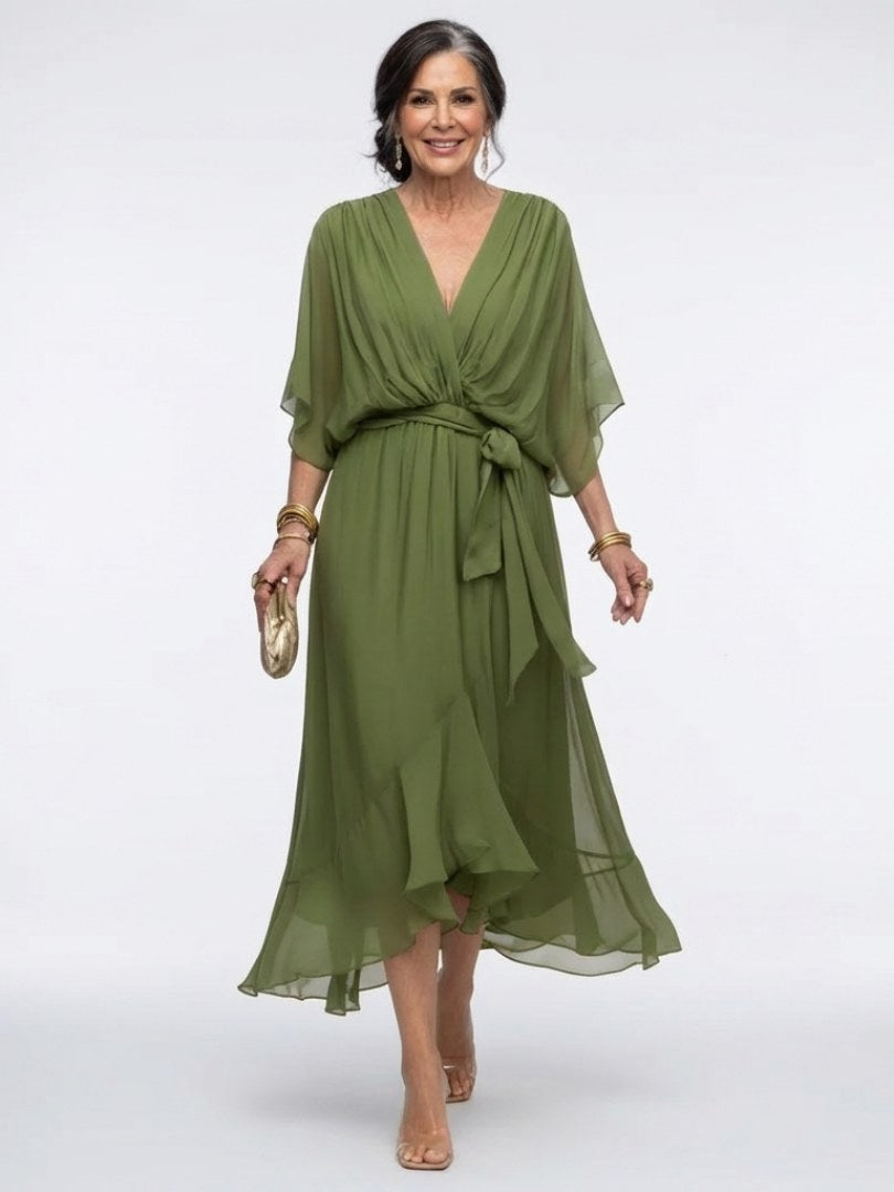 Romilda Women's Draped Waist Tie Midi Dress in Green