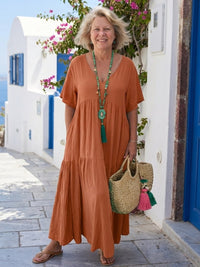 Romy Women's Tiered Short Sleeve Maxi Dress in Orange