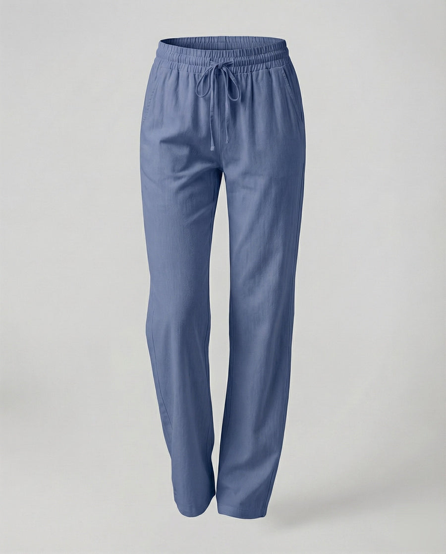 Rosa Lightweight Linen Trousers with Side Pockets and Pockets in Blue