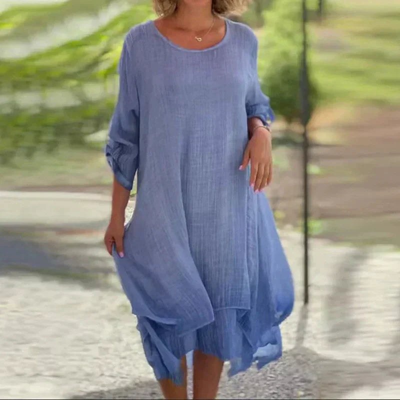 Rosa Women's Layered Lace Hem Midi Dress 3/4 Sleeve Relaxed