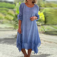 Rosa Women's Layered Lace Hem Midi Dress 3/4 Sleeve Relaxed in Blue