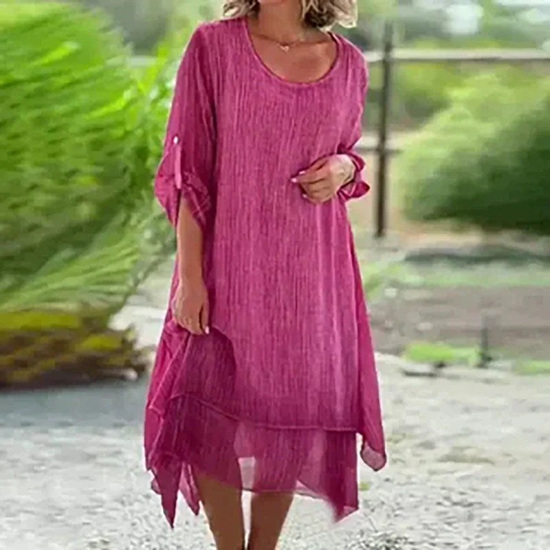 Rosa Women's Layered Lace Hem Midi Dress 3/4 Sleeve Relaxed in Pink