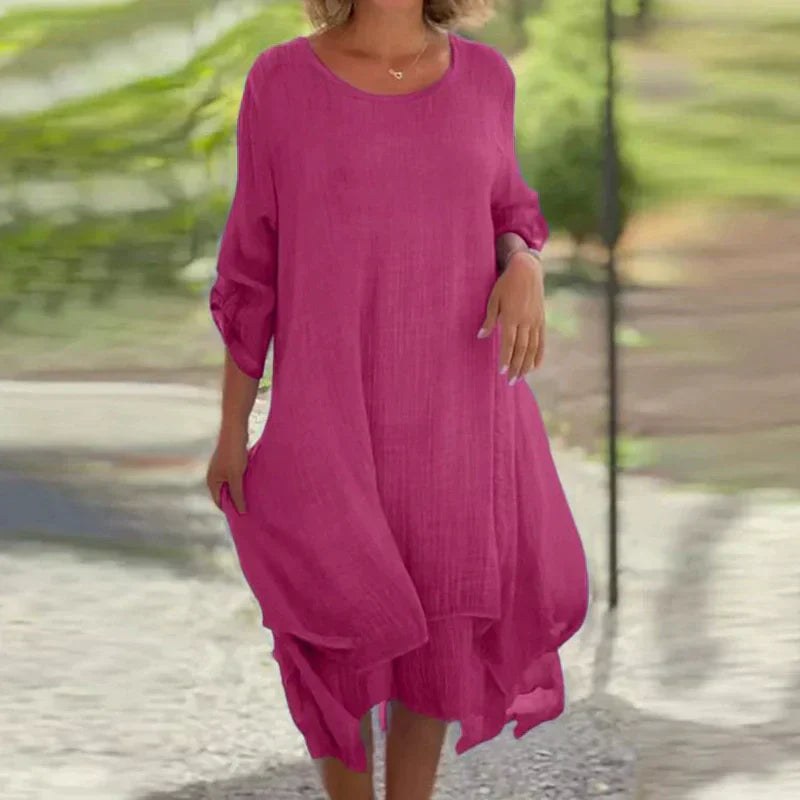 Rosa Women's Layered Lace Hem Midi Dress 3/4 Sleeve Relaxed