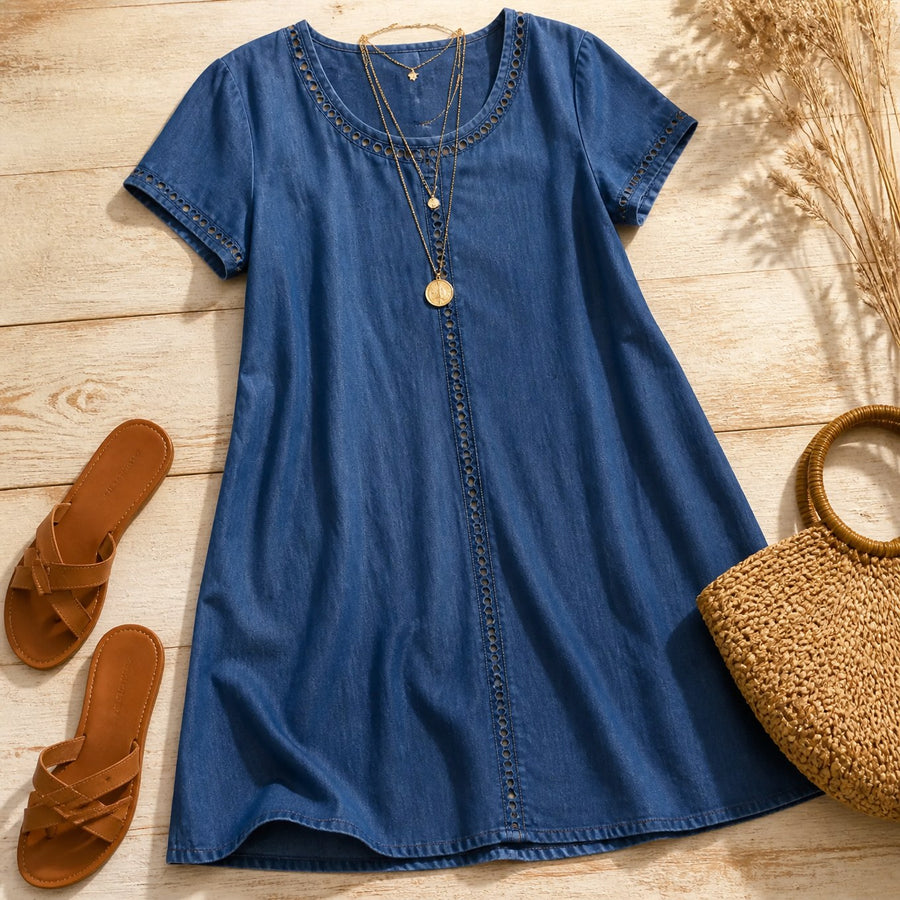 Rosamund Women's Denim Midi Dress with Eyelet Trim