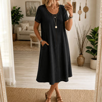 Rosamund Women's Denim Midi Dress with Eyelet Trim in Black