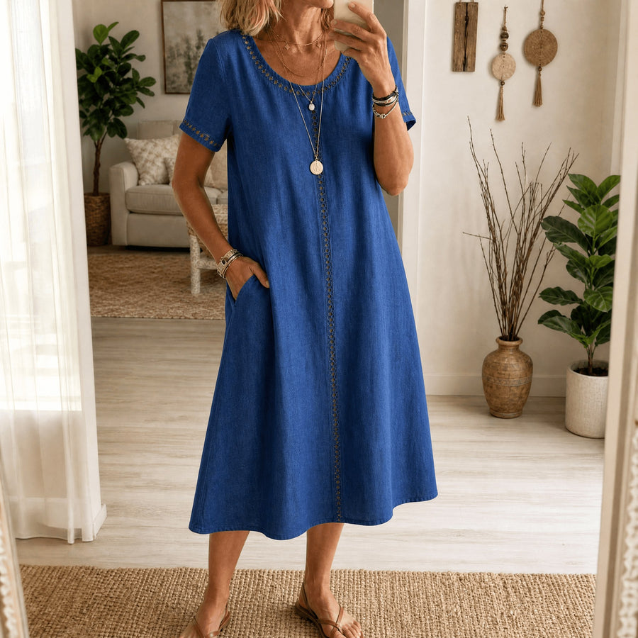Rosamund Women's Denim Midi Dress with Eyelet Trim in Blue