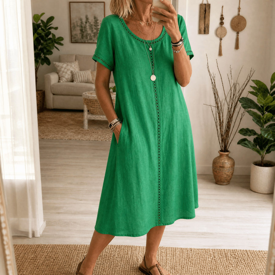 Rosamund Women's Denim Midi Dress with Eyelet Trim in Green