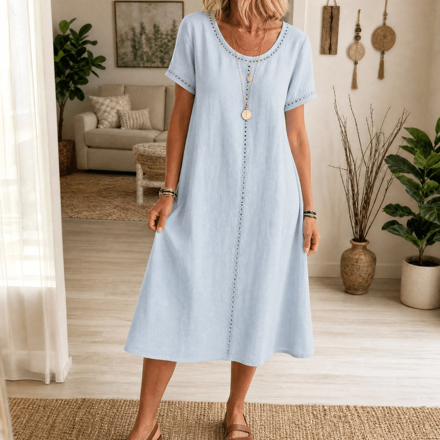 Rosamund Women's Denim Midi Dress with Eyelet Trim in Light Blue