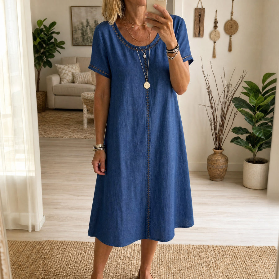 Rosamund Women's Denim Midi Dress with Eyelet Trim