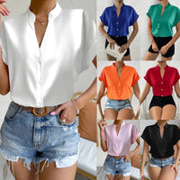 Rose Elegant Blouse with Stand Collar and Short Sleeve