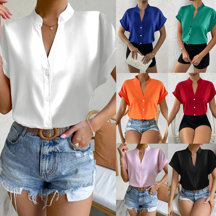 Rose Elegant Blouse with Stand Collar and Short Sleeve