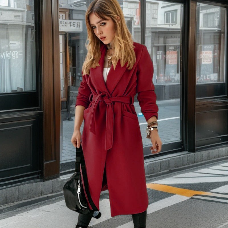 Rose Elegant Trench Coat with Pockets and Belted in Wine Red