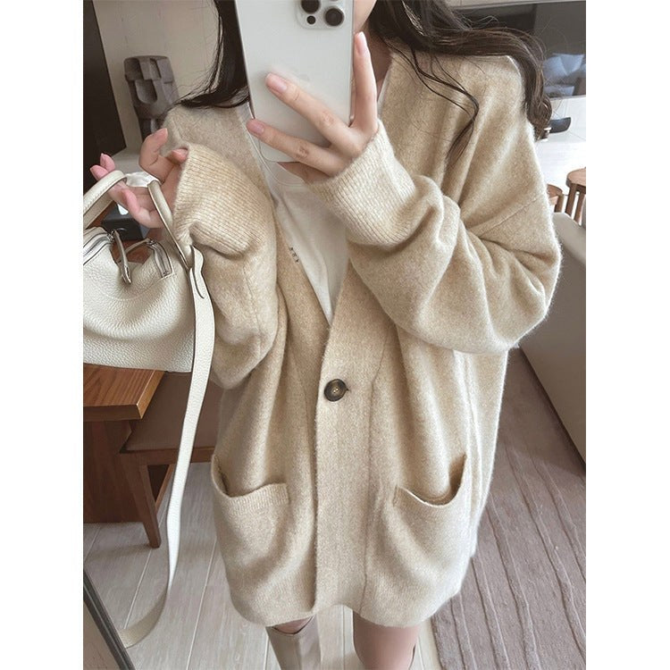 Rose Knit Cardigan with Pockets in Apricot