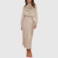Rovana Women's Wedding Guest Satin Midi Dress in Beige