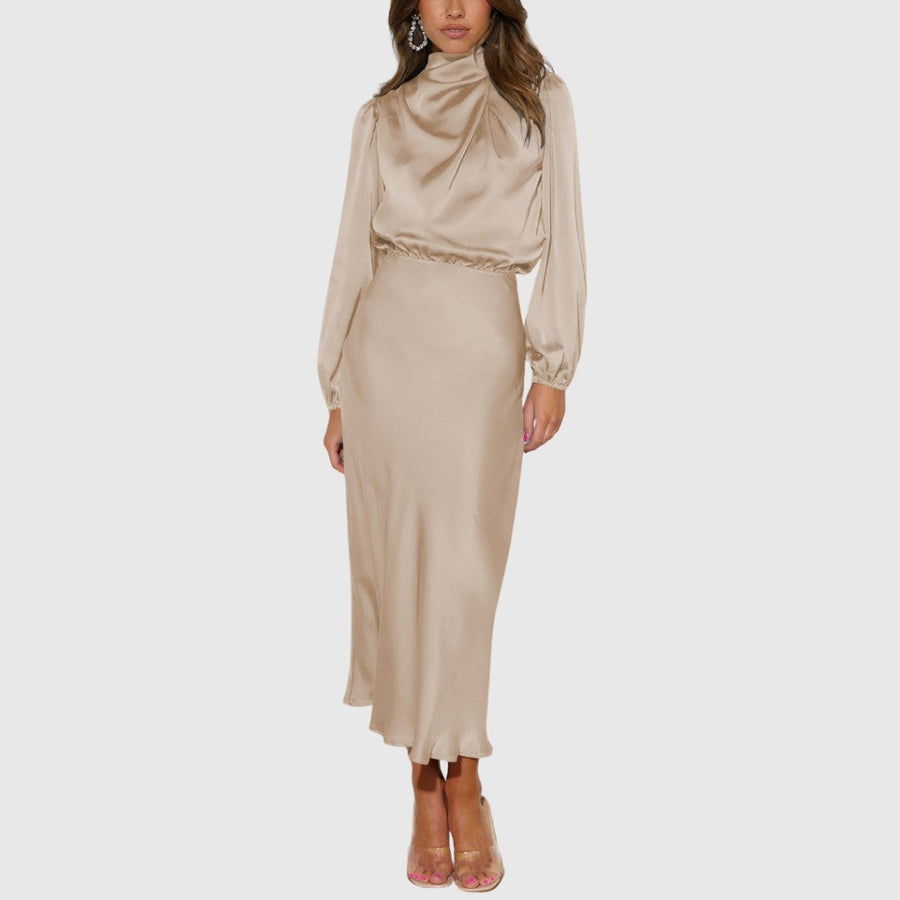 Rovana Women's Wedding Guest Satin Midi Dress in Beige