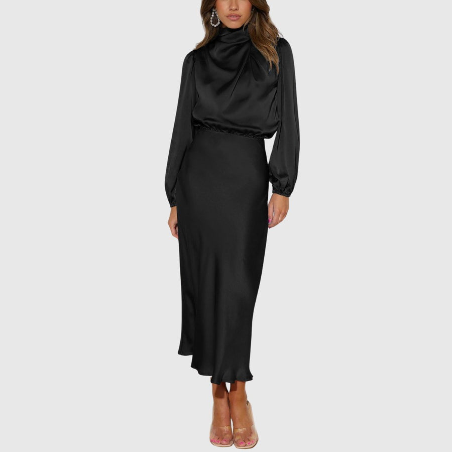 Rovana Women's Wedding Guest Satin Midi Dress in Black