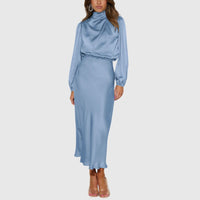 Rovana Women's Wedding Guest Satin Midi Dress in Blue