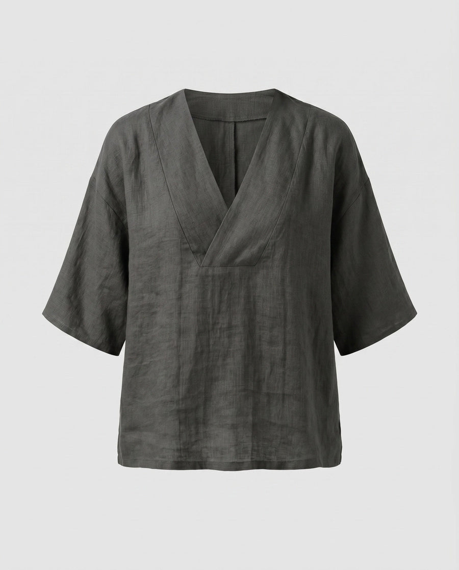 Rowan Casual Linen Top with V-Neck in Black