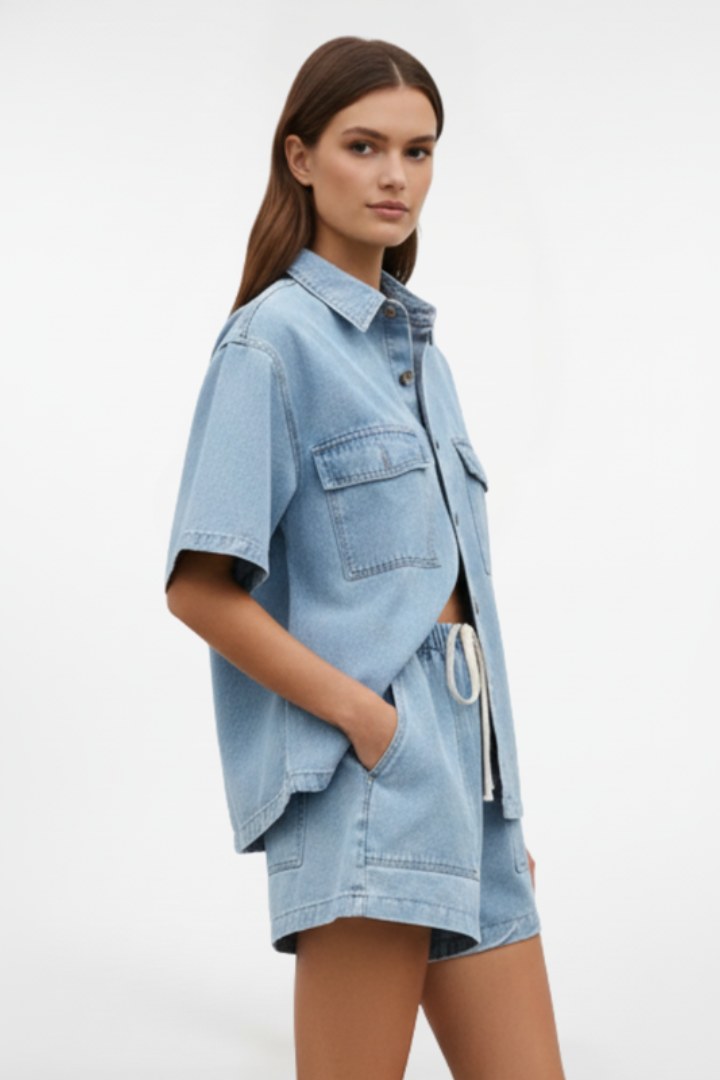 Rowan Women's Short Sleeve Two Piece Set in Light Blue