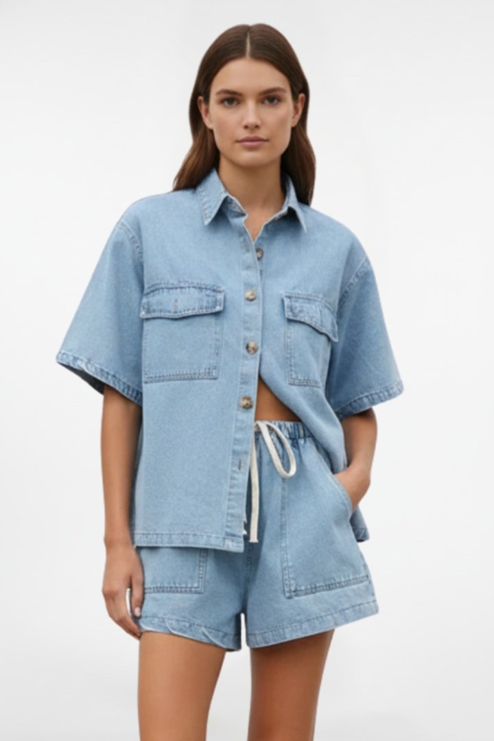 Rowan Women's Short Sleeve Two Piece Set in Light Blue
