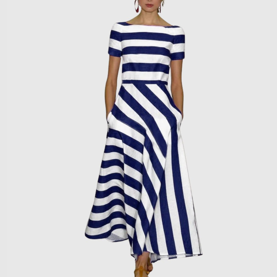 Rowena™ Short Sleeve Stripe Maxi Dress in Dark Blue