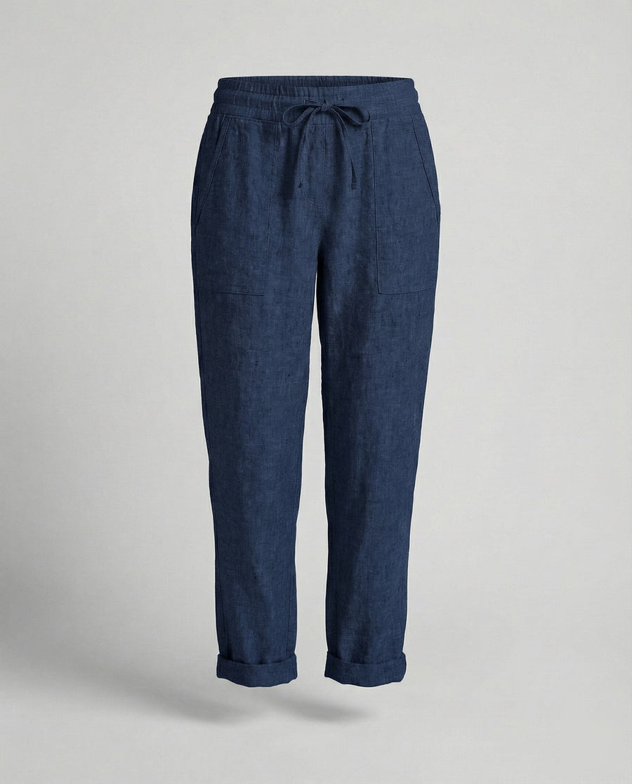 Roxane Casual Linen Blend Trousers with Drawstring Waist and Side Pockets in Blue