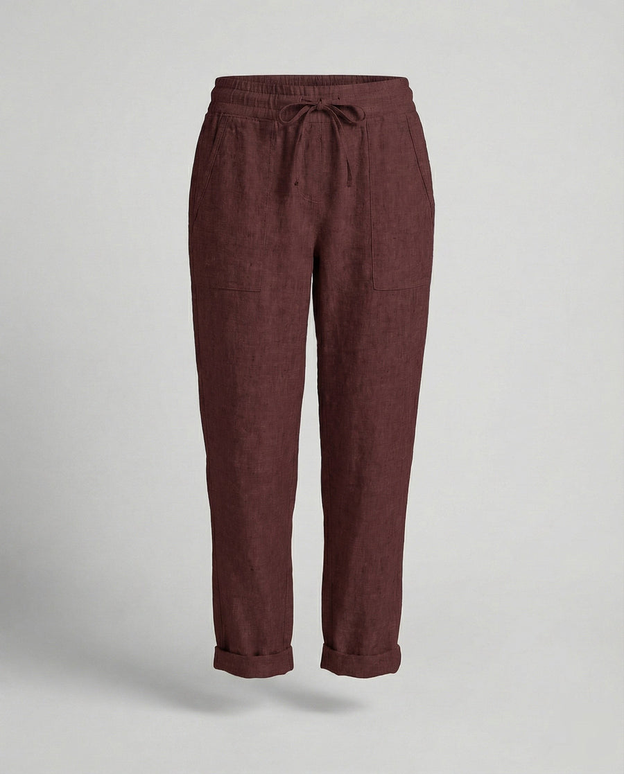 Roxane Casual Linen Blend Trousers with Drawstring Waist and Side Pockets in Wine Red