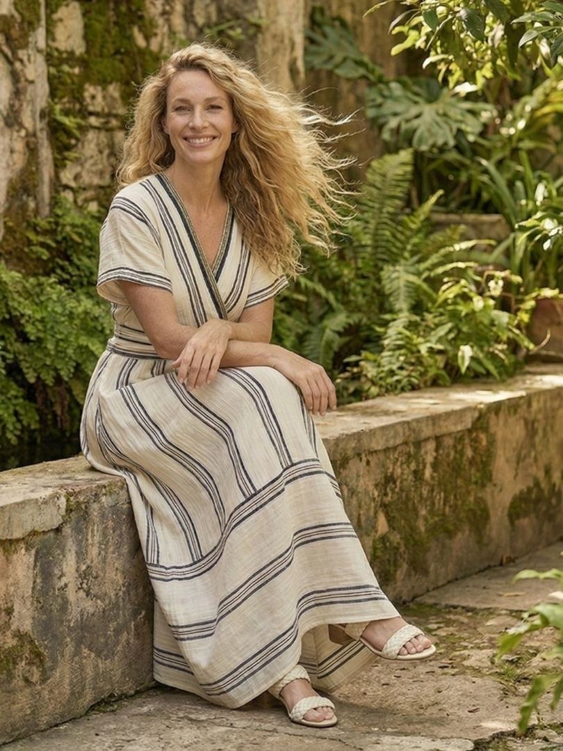 Roxy Women's Striped V-Neck Wrap Maxi Dress in Striped