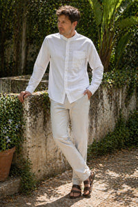 Ruben Cotton Blend Shirt with Stand Collar and Long Sleeve in White