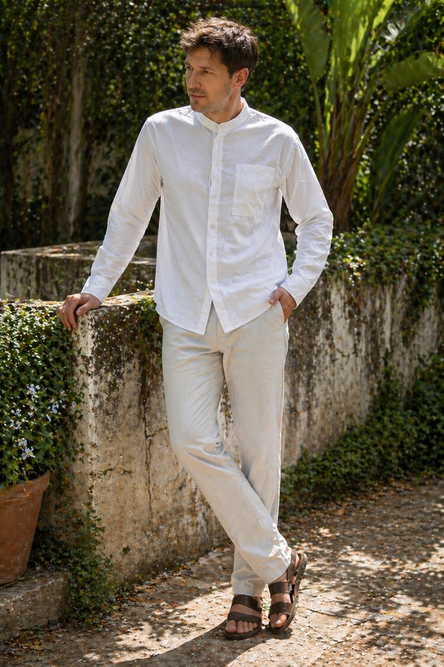 Ruben Cotton Blend Shirt with Stand Collar and Long Sleeve in White