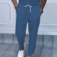 Ruben Lightweight Linen Trousers with Drawstring Waist and Elastic Waist in Denim Blue