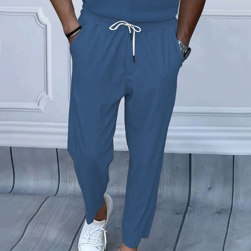 Ruben Lightweight Linen Trousers with Drawstring Waist and Elastic Waist in Denim Blue