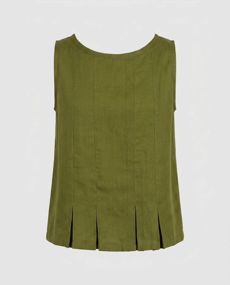 Ruby Casual Linen Top with Pleated in Moosgrün