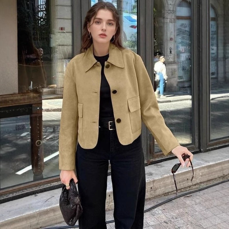 Ruby Elegant Leather Jacket with Pockets in Khaki