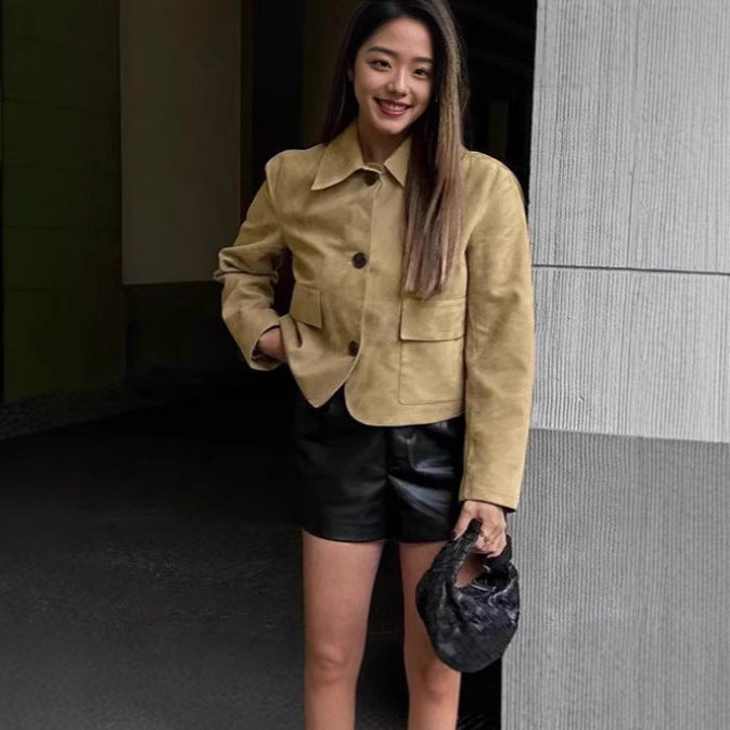 Ruby Elegant Leather Jacket with Pockets in Khaki