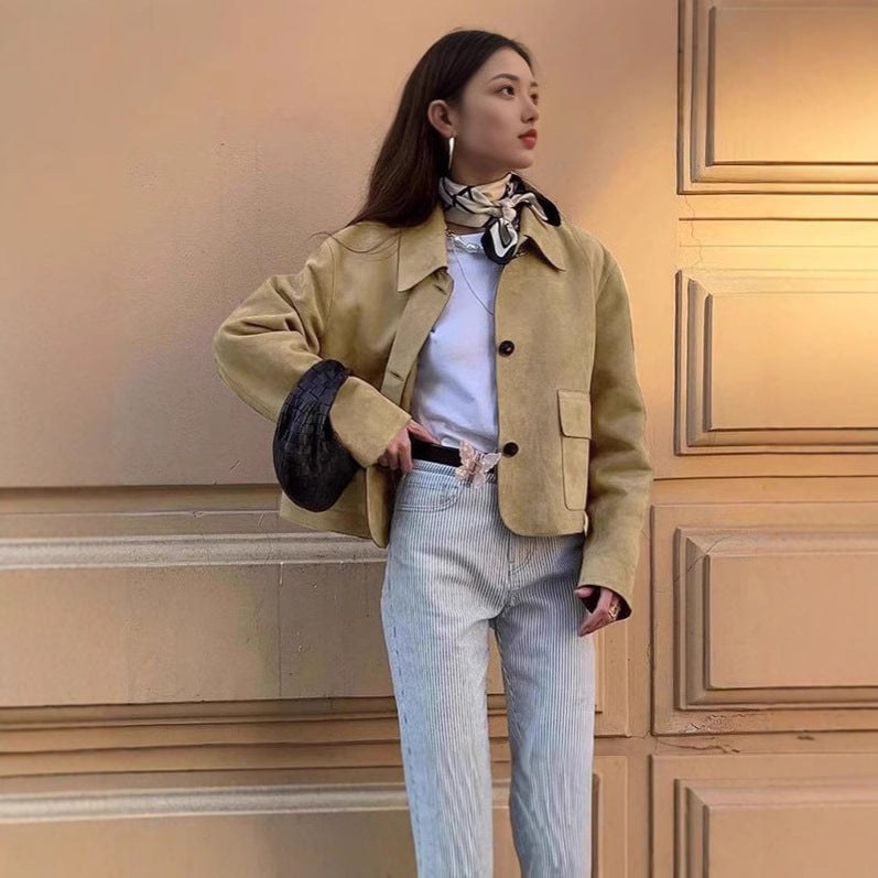 Ruby Elegant Leather Jacket with Pockets in Khaki