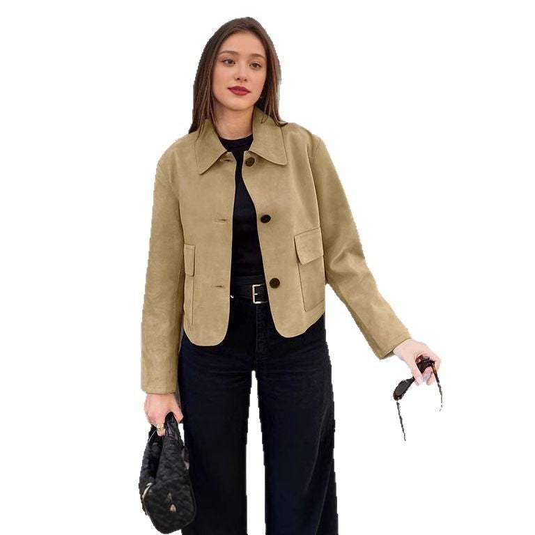 Ruby Elegant Leather Jacket with Pockets in Khaki