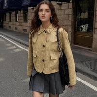 Ruby Elegant Leather Jacket with Pockets in Khaki