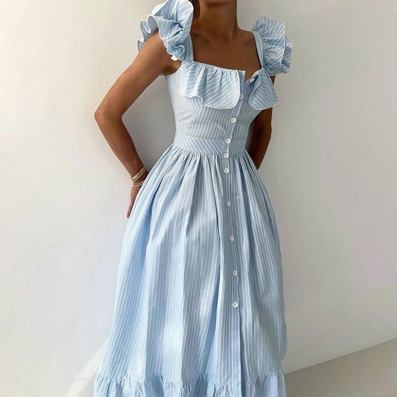 Ruby Maxi Dress with Button Front and Ruffles in Blue