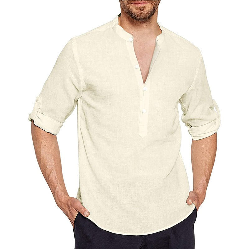 Rutger Linen Shirt with Stand Collar and Button Front in Apricot