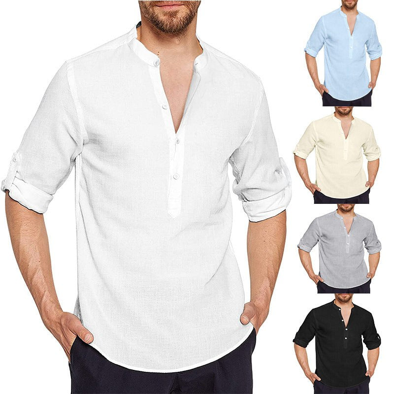 Rutger Linen Shirt with Stand Collar and Button Front