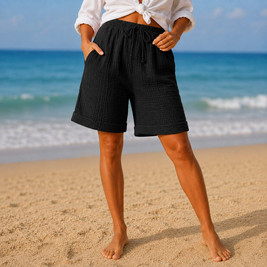 Ruvelle Women's Crinkle Bermuda Shorts with Pockets in Black