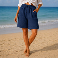 Ruvelle Women's Crinkle Bermuda Shorts with Pockets in Navy Blue