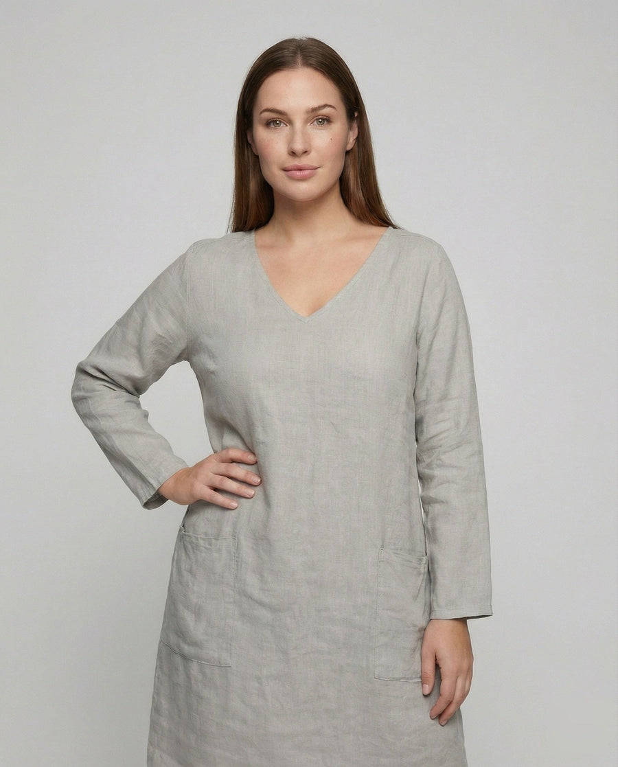 Saar Casual Linen Blend Dress with V-Neck and Side Pockets