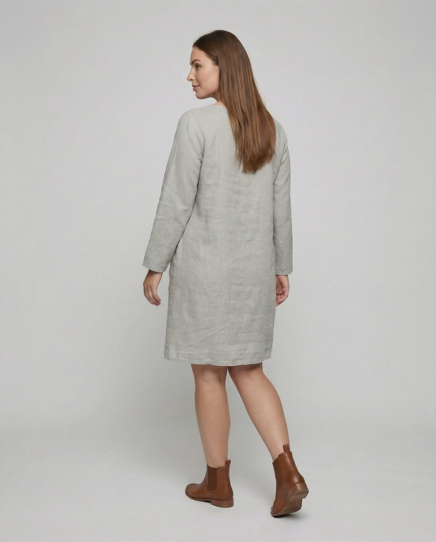 Saar Casual Linen Blend Dress with V-Neck and Side Pockets