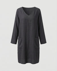 Saar Casual Linen Blend Dress with V-Neck and Side Pockets in Beige
